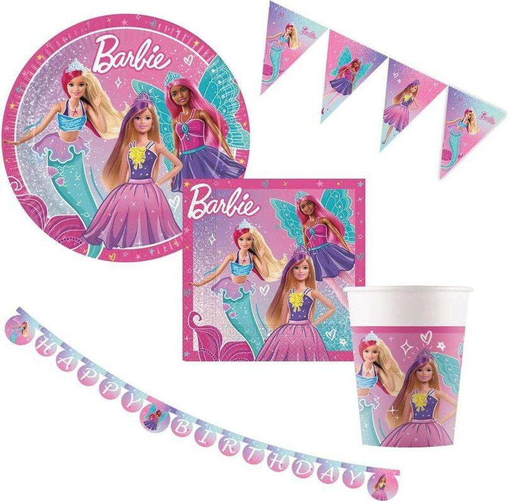 Party Set Barbie Fantasy, 38 tlg. Dekoset für Kindergeburtstag und Dekoration, Tischdeko, Geburtstagsdeko