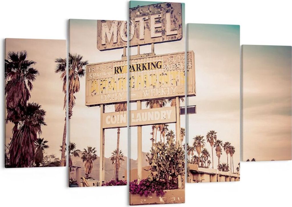 Bild auf Leinwand - Leinwandbild - Amerika Motel Straße Zeichen - 150x100cm - Wand Bild - Wanddeko - Leinwanddruck - Bilder - Kunstdruck - Wanddek...
