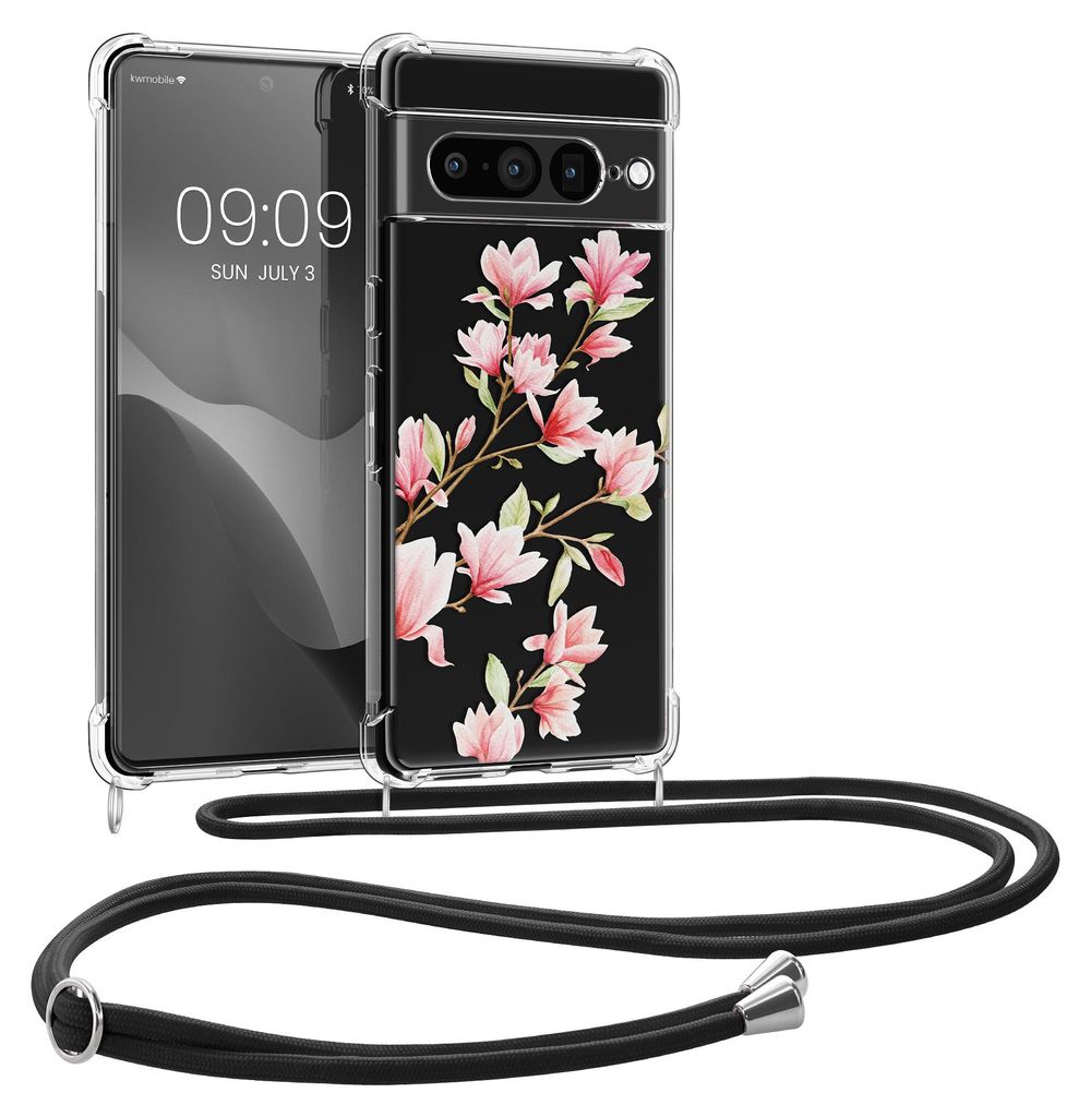 kwmobile Necklace Case kompatibel mit Google Pixel 7 Pro Hülle - Silikon Cover mit Handykette - Rosa Weiß Transparent Magnolien