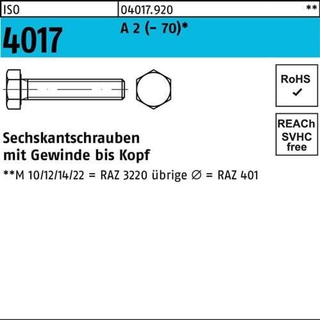 Sechskantschraube ISO 4017 VG M16x 90 A 2 (- 70) 25 Stück