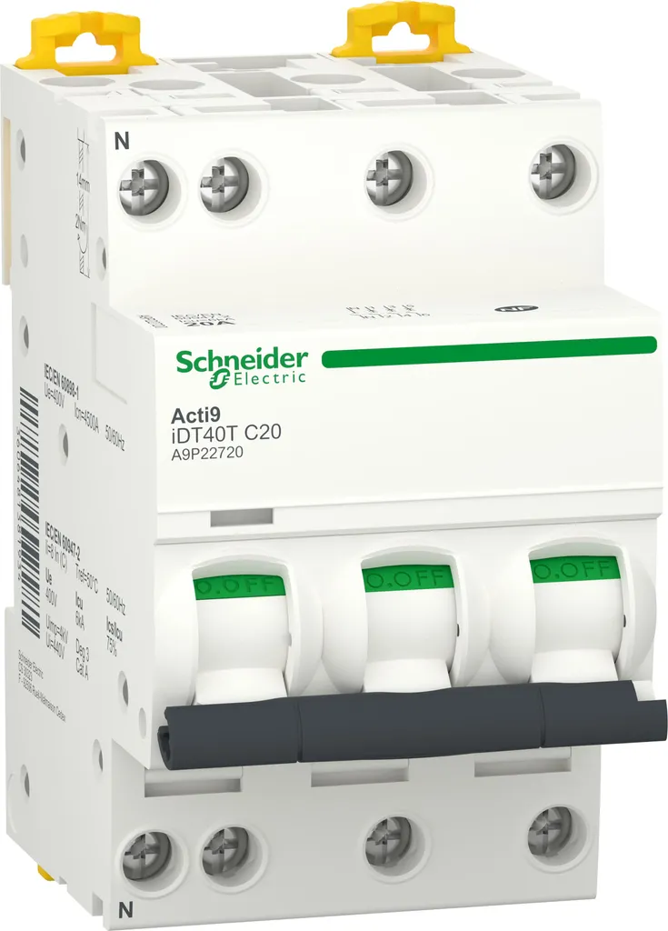 Disjoncteur modulaire Schneider 3P+N 20A Acti9 iDT40T Courbe C 6kA