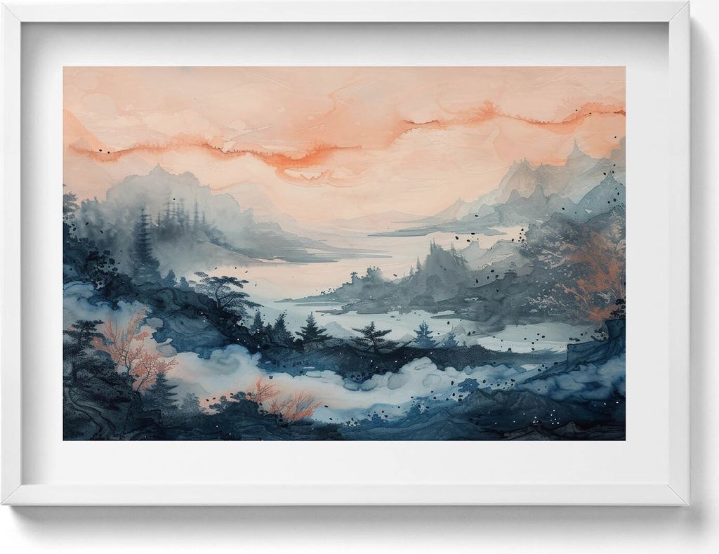 Abstrakte Landschaft aus Bergen und Wäldern– Wandbild mit Rahmen – Gerahmtes Bild – Wanddekoration – 70x50 cm – Weiß Rahmen