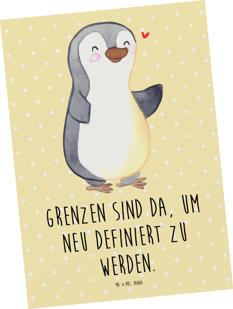 Mr. & Mrs. Panda Postkarte Pinguin Amputation - Gelb Pastell - Geschenk, Ansichtskarten, bildkarte, Grußkarte, Postkarten, Armamputation, Ansichts...