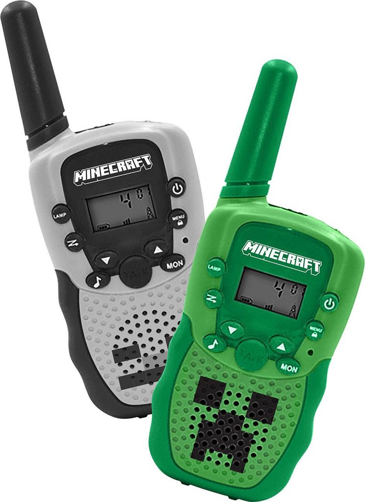 Two Minecraft-themed walkie-talkies are shown against a white background.