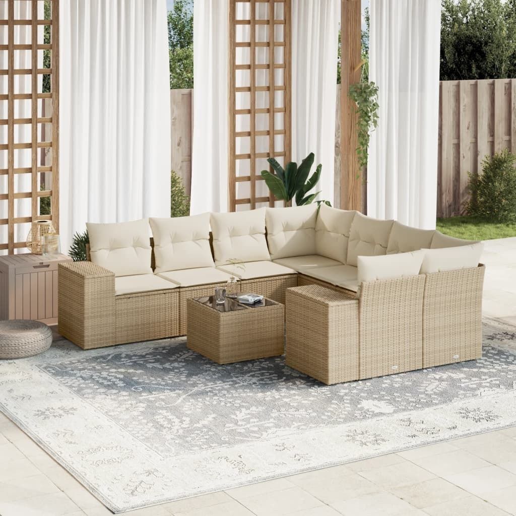 Design 9-tlg. Garten-Sofagarnitur mit Kissen Beige Poly Rattan, Gartenmöbel-Sets 2024 Neu