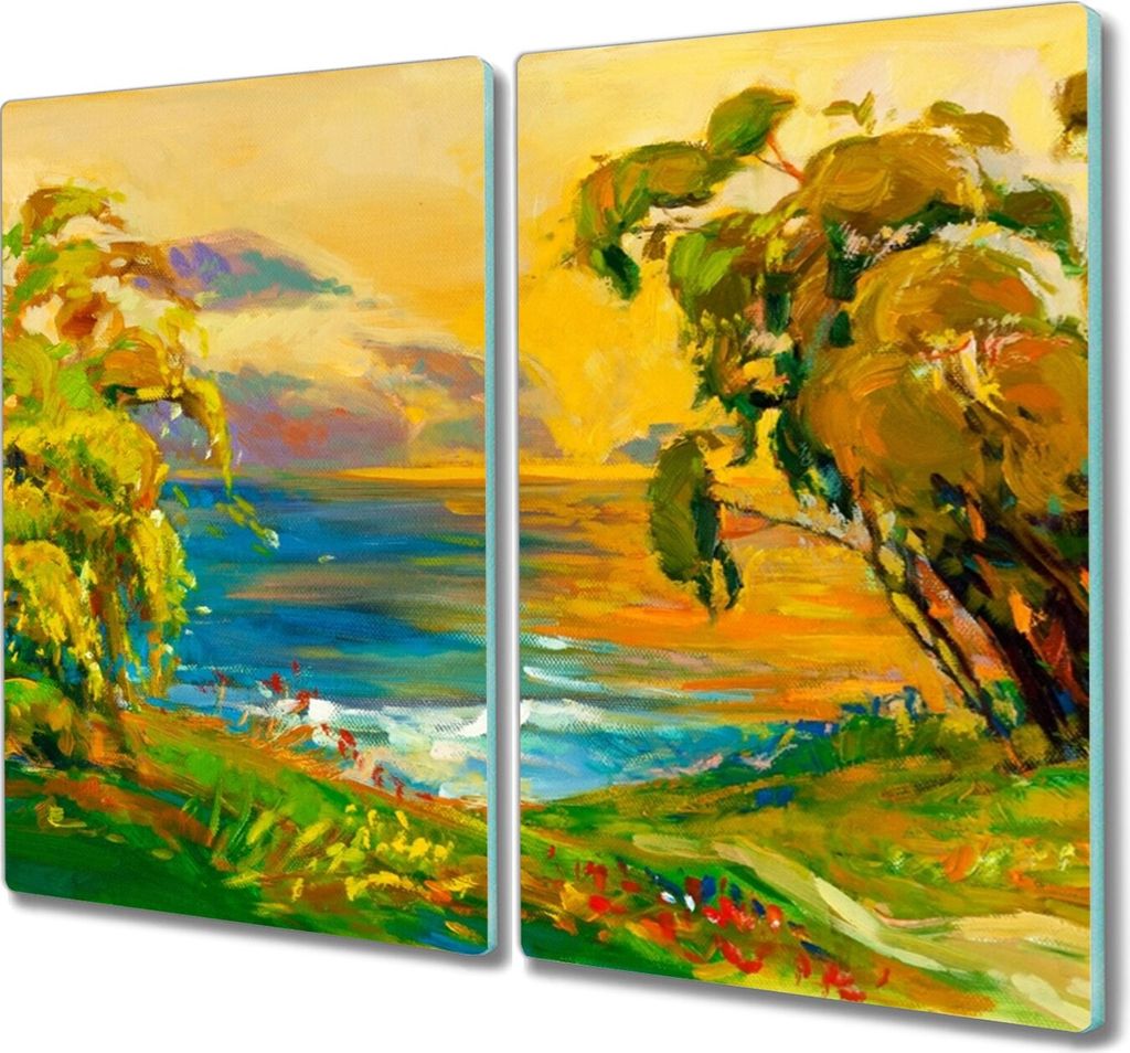 Coloray Schneidebrett Herdabdeckplatte 2x30x52 cm Kochplattenabdeckung Hackbrett Küchenbrett - Wasser Wiese Wald Sonnenuntergang