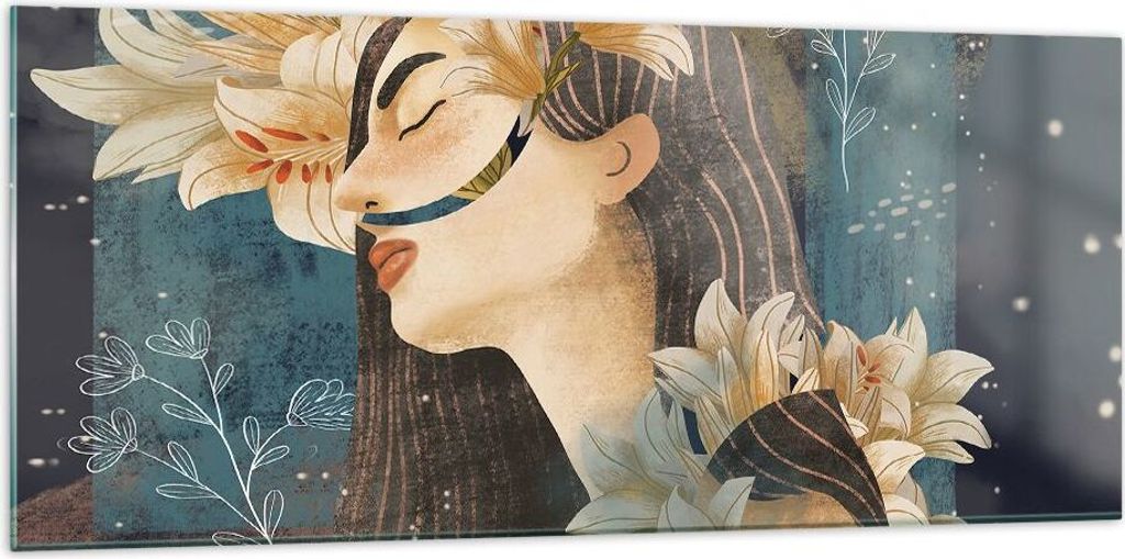 Bilder auf glas - Einteilig - Surreal Frau Blumen - 120x50cm - Glasbilder - Wandbilder - Bilder - zum Aufhängen bereit - Wanddekoration aus Glas -...