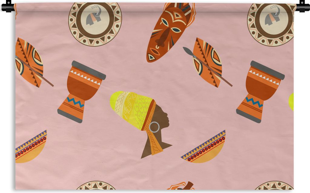 MuchoWow Wandteppich Wandbehang Afrika - Djembé - Schnittmuster - Afrikanische Masken 90x60 cm Tapisserie Dekoration Wandtuch - Wandskulpturen -...