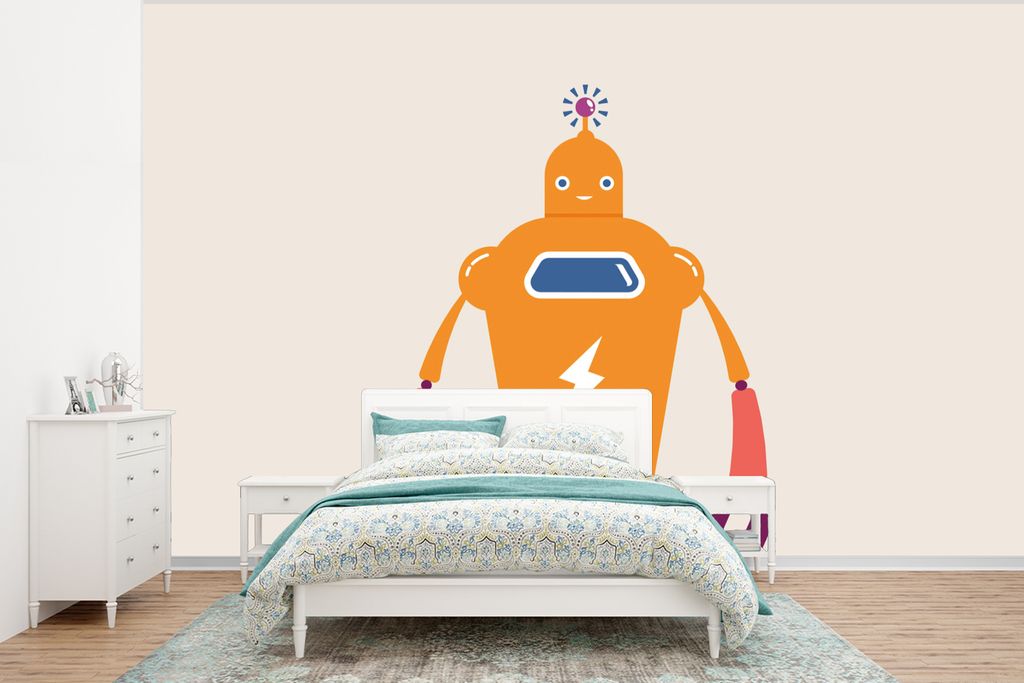 MuchoWow Fototapete für Wohnzimmer oder Schlafzimmer Wandtapete Vinyl Motivtapete Roboter - Antenne - Orange - Blitzschlag - Junge - Kinder - 37...