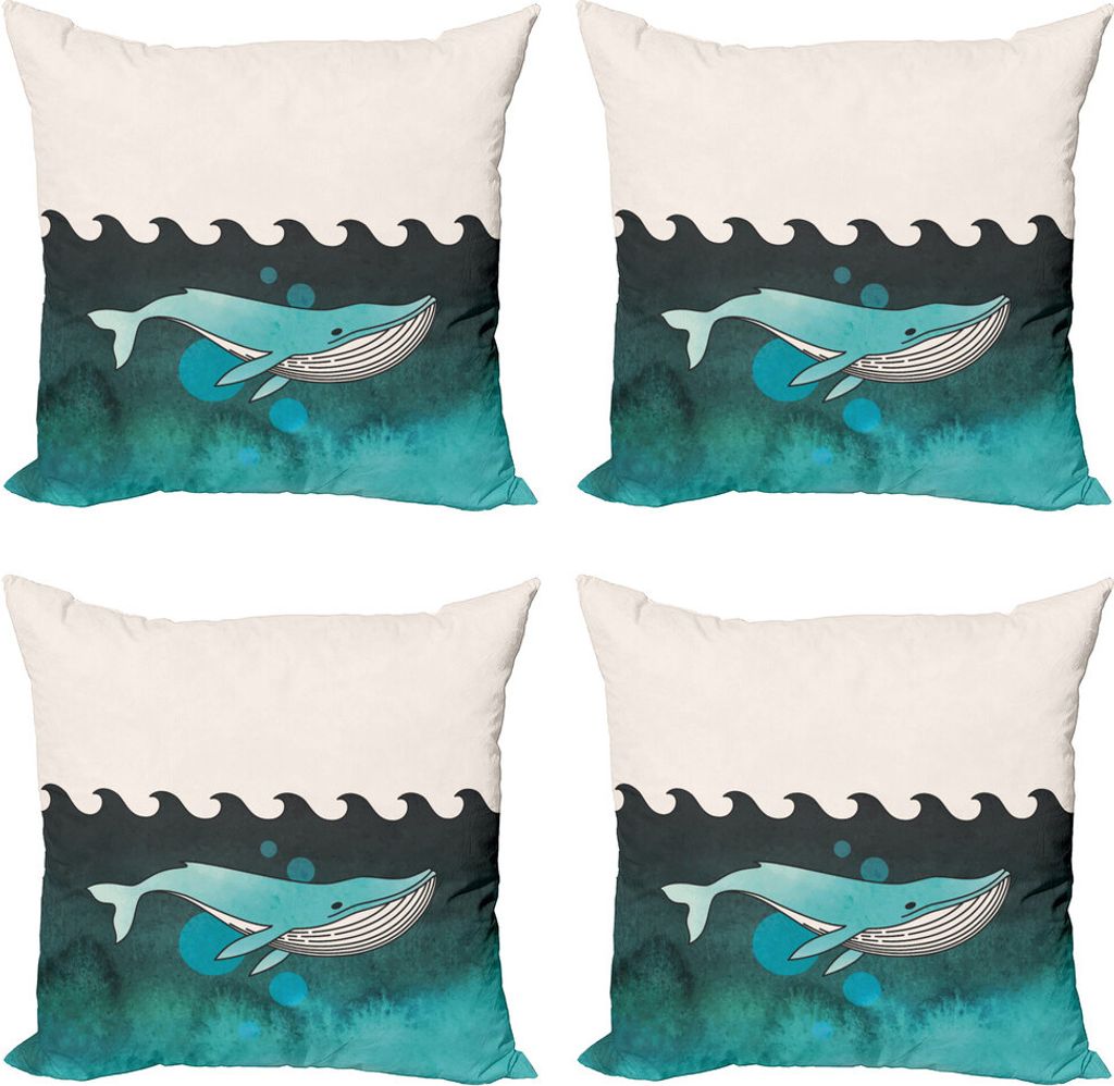 ABAKUHAUS Wal Kissenbezug Set (4 Stück), Wal in der Nähe von Palm Island, Moderner Doppelseitiger Digitaldruck, 45 cm x 45 cm, Grün und Blau
