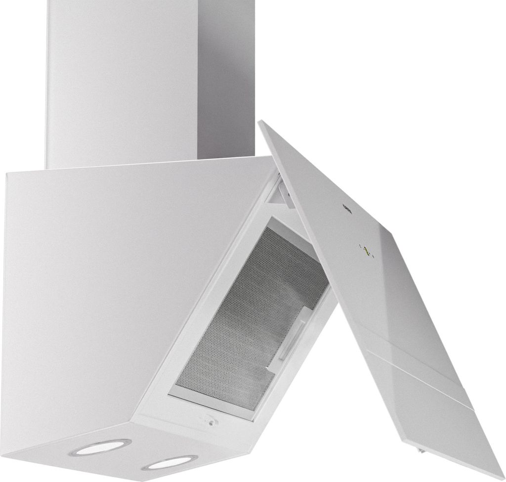 A white kitchen range hood with its front panel open, revealing the filter inside. The hood has two circular LED lights at the bottom.