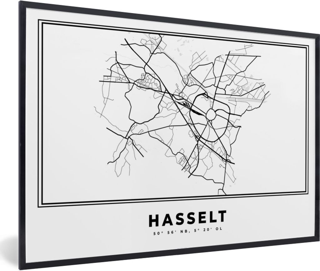 MuchoWow Gerahmtes Poster Belgien - Hasselt - Stadtplan - Karte - Schwarz und weiß - Karte 90x60 cm - Poster mit Schwarzem Bilderrahmen Wandpost...