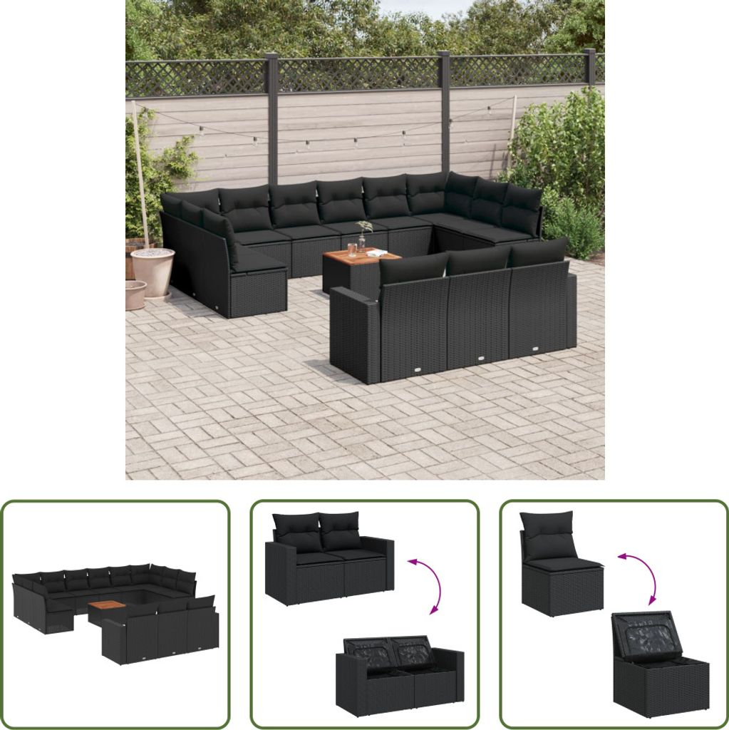 The Living Store 14-tlg. Garten-Sofagarnitur mit Kissen Schwarz Poly Rattan