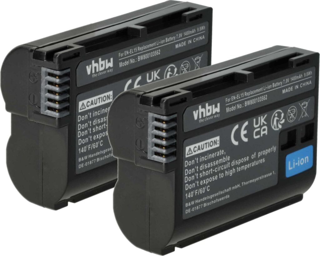 vhbw 2x Akku kompatibel mit Nikon D800, D7000, D7100, D610, D800E, D810, D7200, D750, D500, D600, D7500, D8000, D780 Kamera (1400 mAh, 7 V, Li-Ion)...