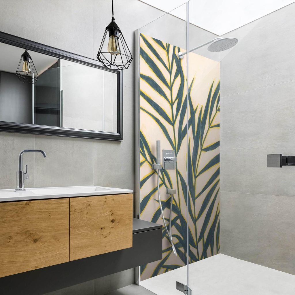 Duschrückwand Natur selbstklebend - 0.61 mm Wandpaneel wasserfest Palme grün Tropisch Badrückwand fugenlos Premium matt 110x210 cm