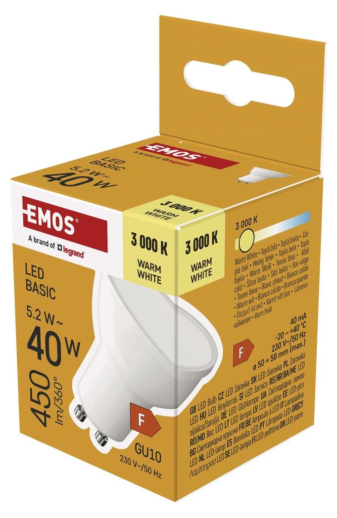 LED žárovka Basic MR16 / GU10 / 5,2 W (40 W) / 450 lm / teplá bílá