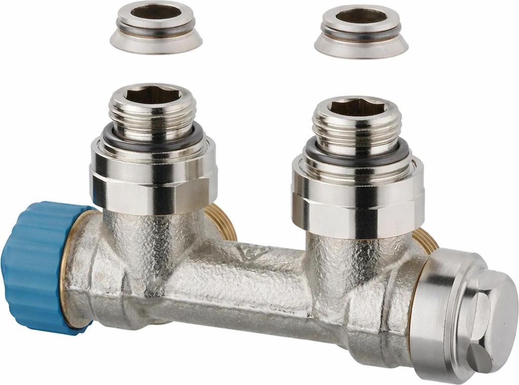 A close-up studio shot of a plumbing valve.
