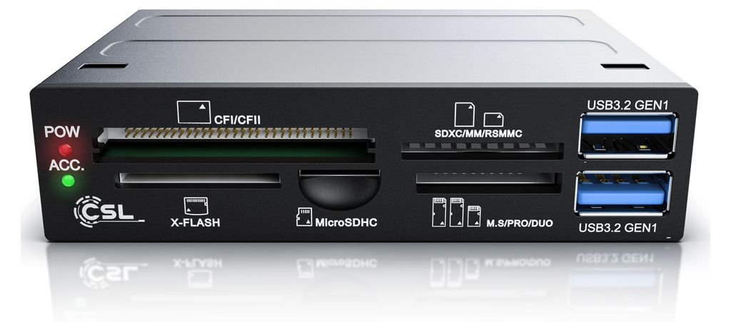 A product shot of a multi-card reader with USB ports.