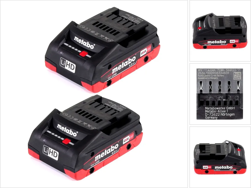 Pack de Batteries Metabo 18V 4,0Ah LiHD Idéal pour Travaux de Chantier