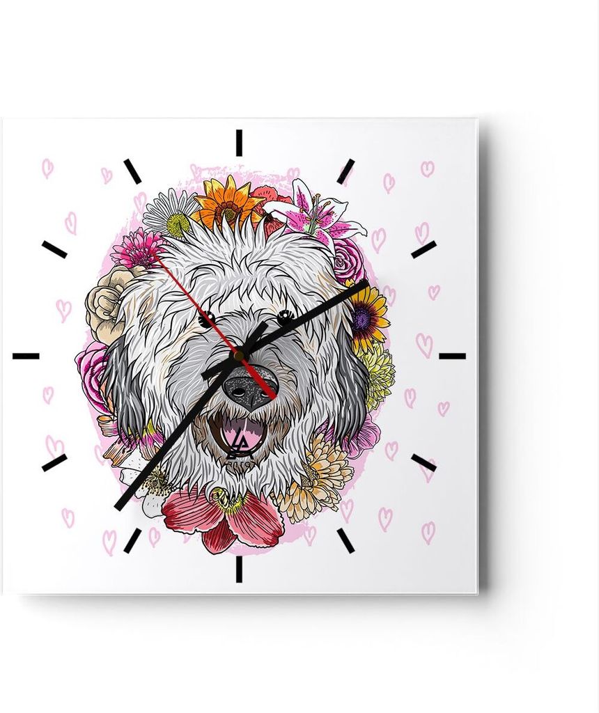 Wanduhr - Quadrat - Glasuhr - Hund Blumen Kinder exotische Produktbild 