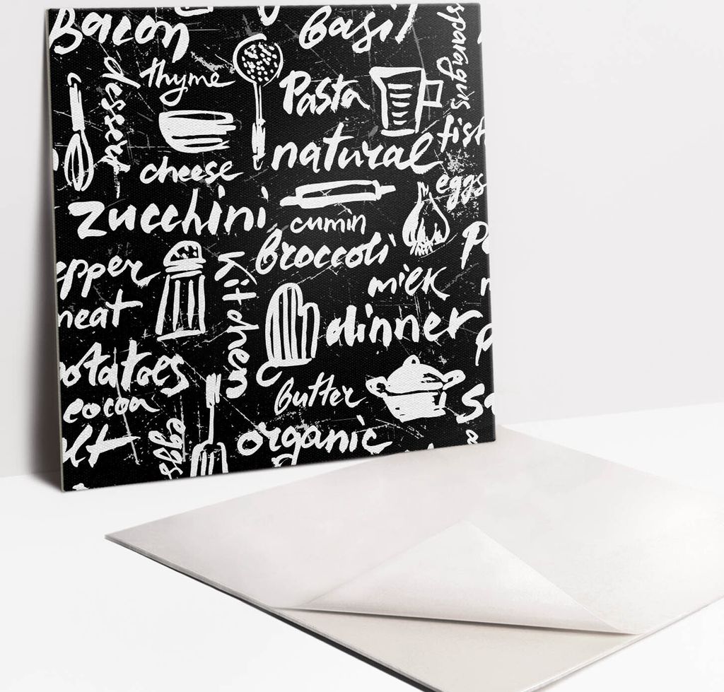 Fliesenaufkleber Set - 9 Stück Selbstklebende PVC Fliesen-Designs - Für Bad und Küche 30 x 30 - Schwarz -Weiß -Kücheninschriften