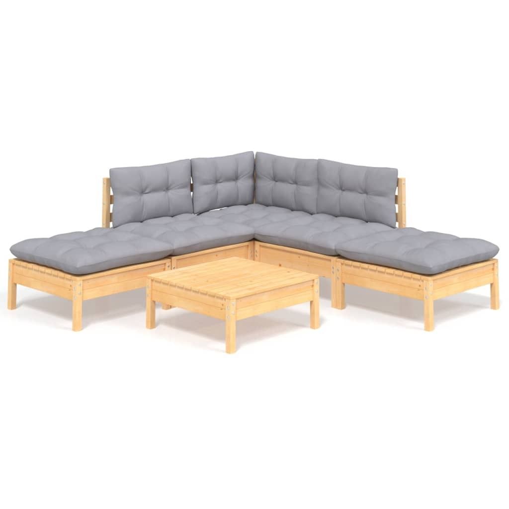 "SALE 2026" 6-tlg. Garten-Lounge-Set - elegantes Design - Sitzgruppe/Gartengarnitur - mit Grauen Kissen Kiefernholz - Terassenmöbel DEMöbel289359