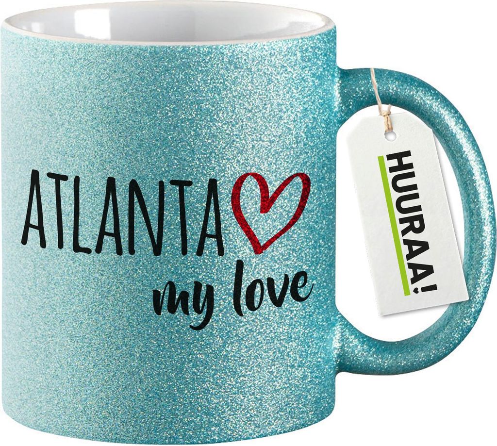 Huuraa Glitzertasse Atlanta my love 330ml Blau Keramik Kaffeebecher Geschenkidee