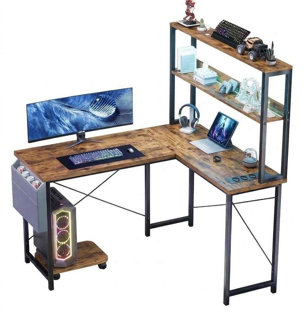 AIORBER L-Form Gaming Schreibtisch 148cm mit LED Beleuchtung USB Anschlüssen Eck Computertisch Bürotisch mit Regal und Aufbewahrung Braun