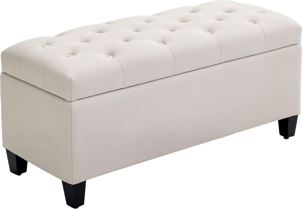 Sitzbank mit Stauraum Polsterbank mit Leinenoptik, Sitztruhe mit Holzbeine, Truhenbank für Wohnzimmer Schlafzimmer Flur 100 x 40 x 44 cm Cremeweiß