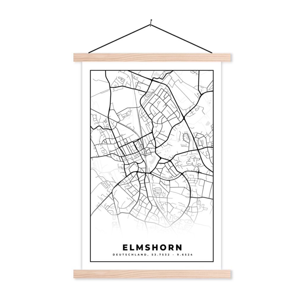 MuchoWow Textilposter Karte - Elmshorn - Karte - Stadtplan 120x180 cm mit holzfarbenen Rahmen - Textil-Plakat