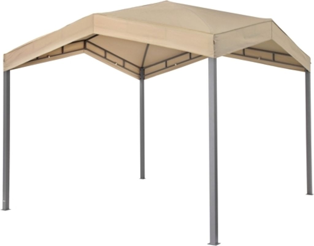 A tan canopy tent with gray metal poles, shown from a front-side angle against a white background.