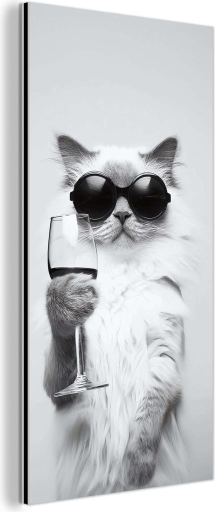 MuchoWow Wanddekoration Metall Metallbild Wandkunst 20x40 cm Katze - Sonnenbrille - Weinglas - Langhaarig MuchoWow Aluminium Gemälde - Aluminium G...