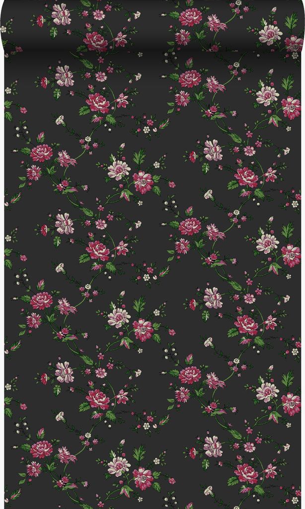 Origin Wallcoverings Tapete Blumen Schwarz und Rosa 53 cm x 10.05 m
