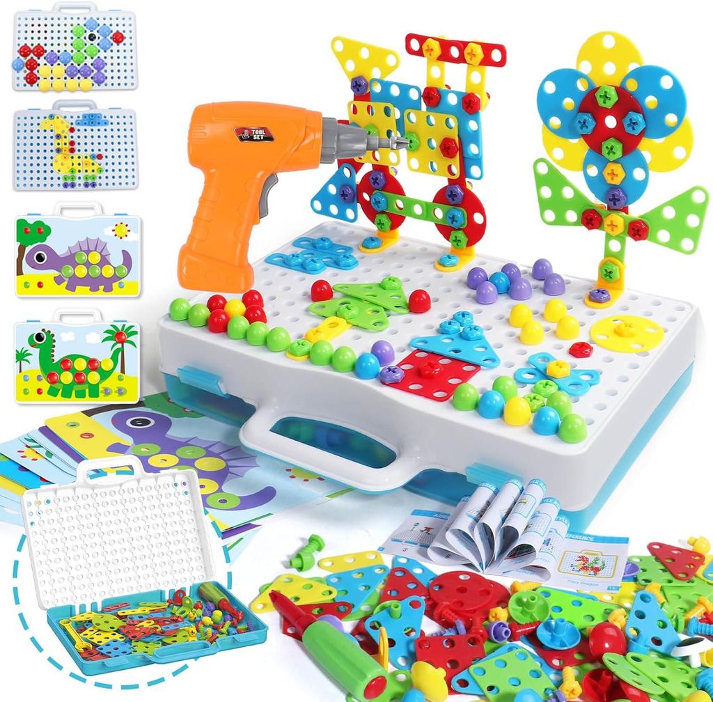 Mosaik Steckspiel mit Elektrische Bohrmaschine Schrauben Steckspiel Kinder Werkzeug Montessori Spielzeug Puzzle ab 3 Jahre Akkuschrauber Geschenke