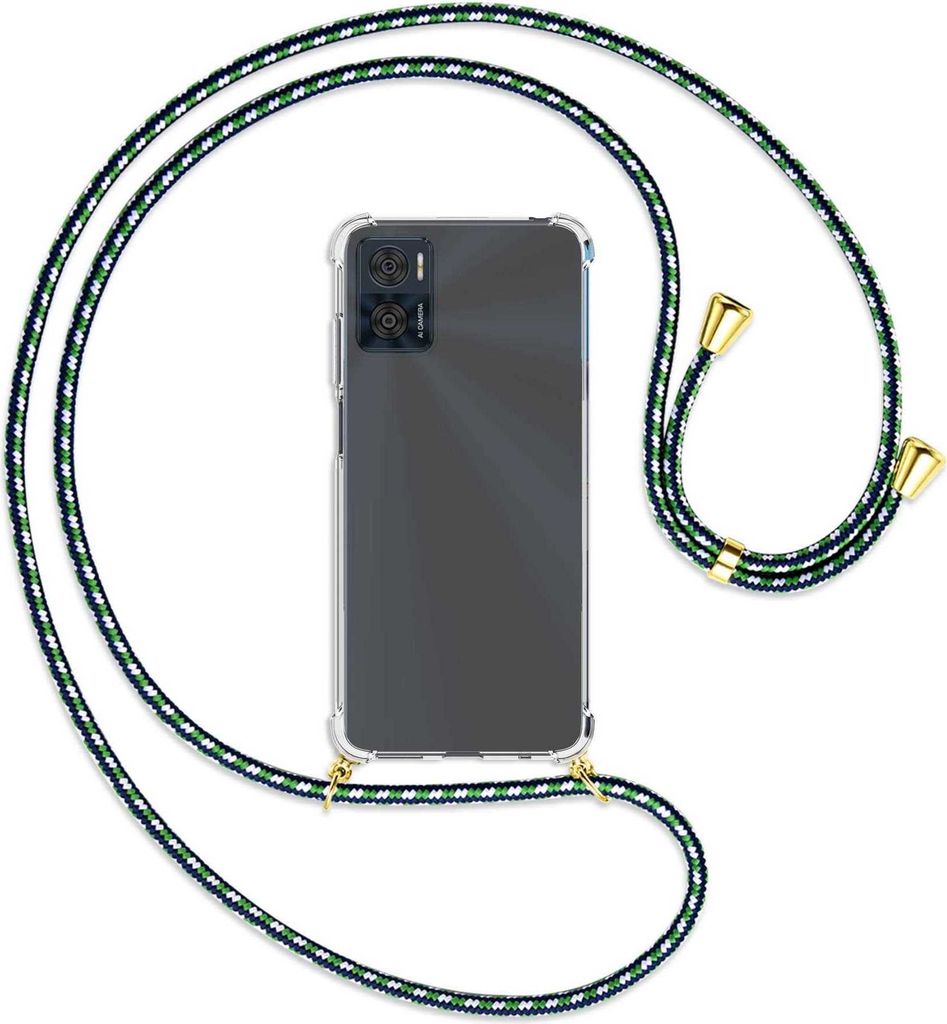 Handykette Backcover-Schutzhülle mit Band (Metall goldfarben) für Motorola Moto E22, Moto E22i 4G - grün/blau/weiß