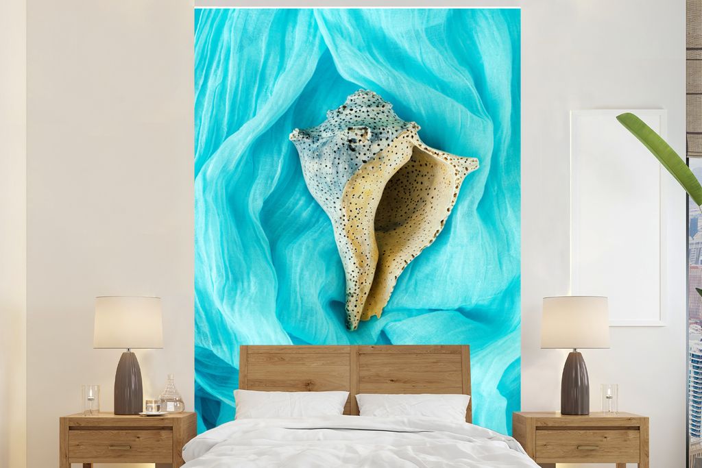 MuchoWow Fototapete für Wohnzimmer oder Schlafzimmer Wandtapete Vinyl Motivtapete Muschel - Blau - Dots - 195x300 cm - Das Hintergrundbild
