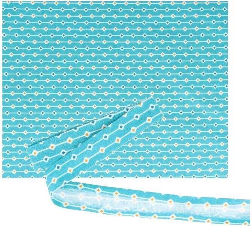Stoff 55 x 45 cm + Schrägband 3 m x 2 cm - Hellblau mit orangenen und hellblauenRauten