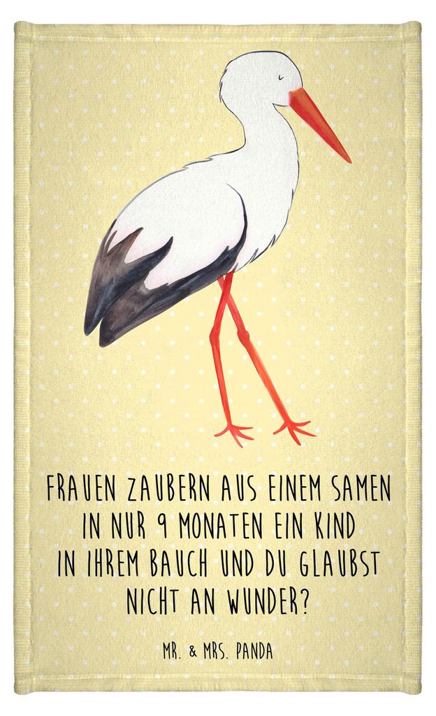 Mr. & Mrs. Panda Frotteehandtuch Storch - Gelb Pastell - Geschenk, Baby, frottierhandtuch, Schwanger, Mutter, Handtuch, Mini-Handtuch, Geburt, Frot...
