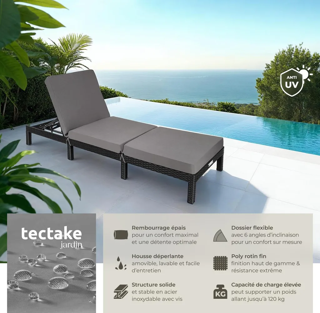 Bain de soleil 6 positions SOFIA en textilène noir haute résistance - 2