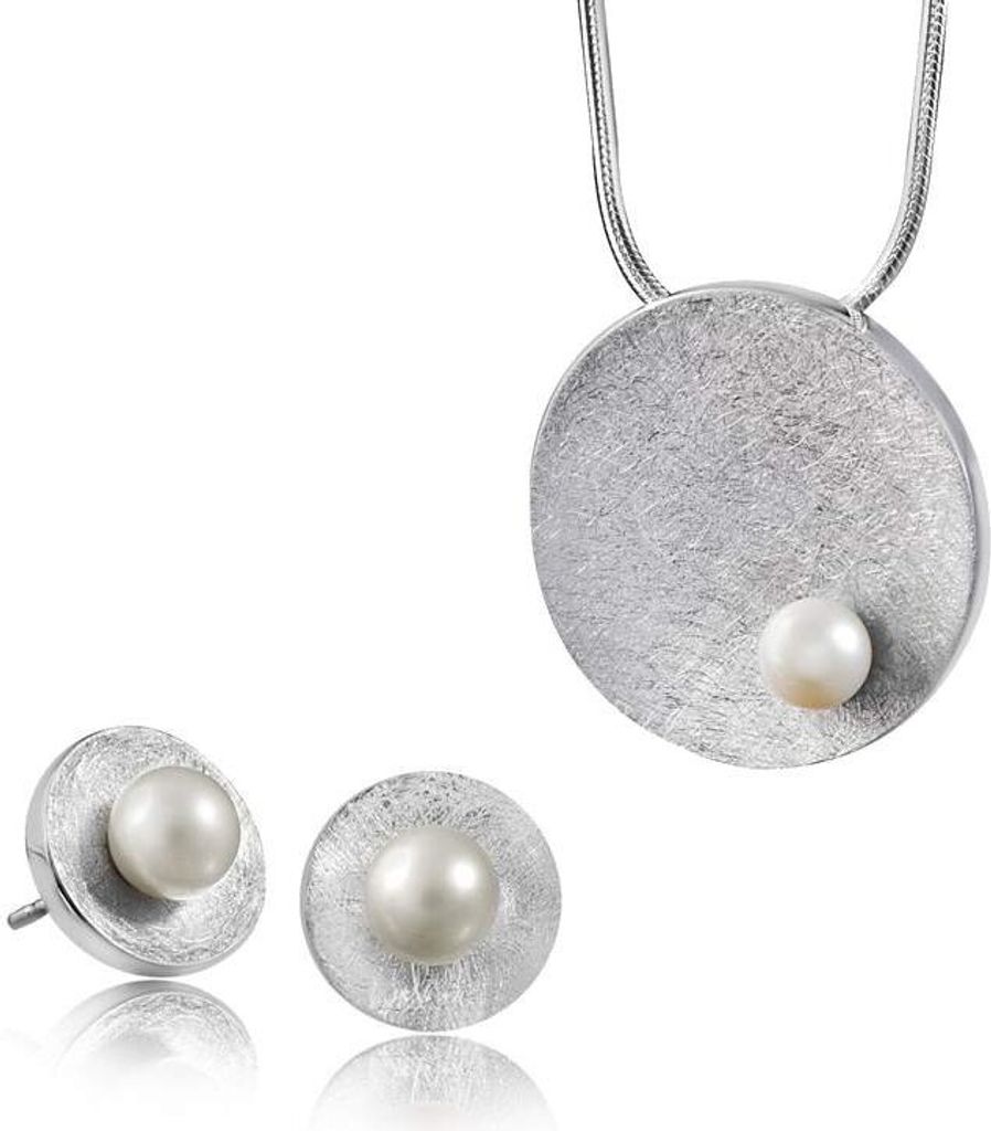 MATERIA Schmuckset 45cm Kette + gebürstete Perlen Ohrstecker rund & Perlen Anhänger Silber 925 + Box