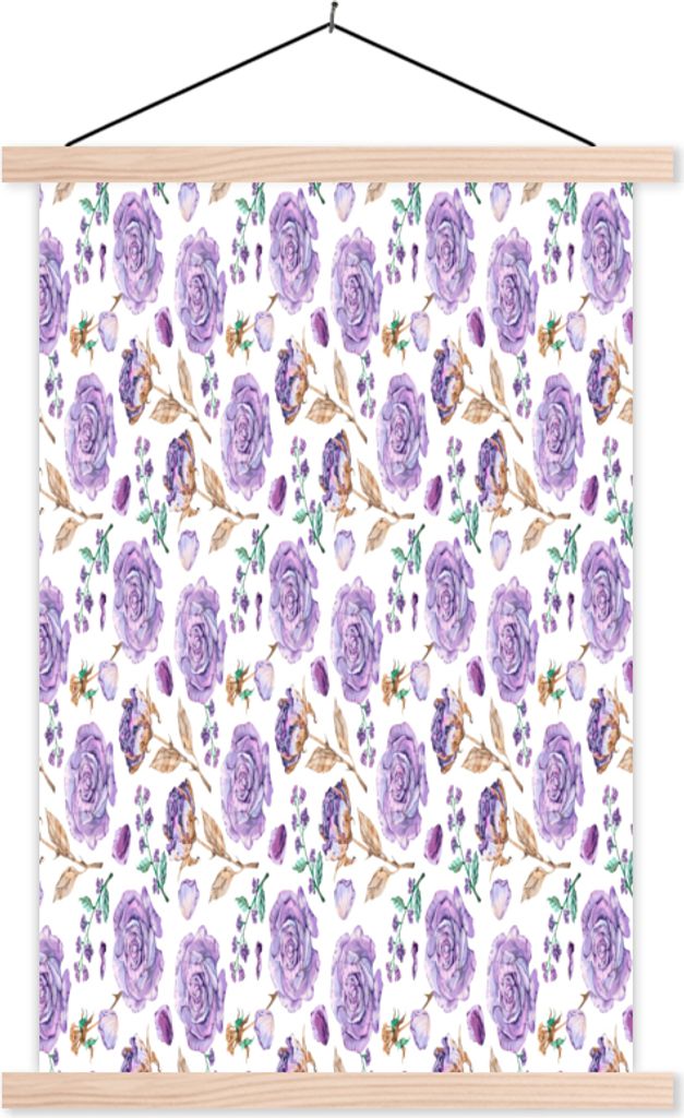 MuchoWow Textilposter Blumen - Lila - Rosen 120x180 cm mit holzfarbenen Rahmen - Textil-Plakat