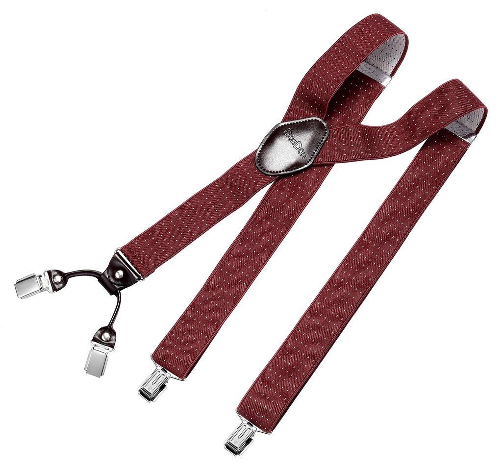 DonDon Herren Hosenträger 3,5 cm breit 4 Clips mit braunem Leder in Y-Form elastisch und längenverstellbar - gepunktet rot weiß