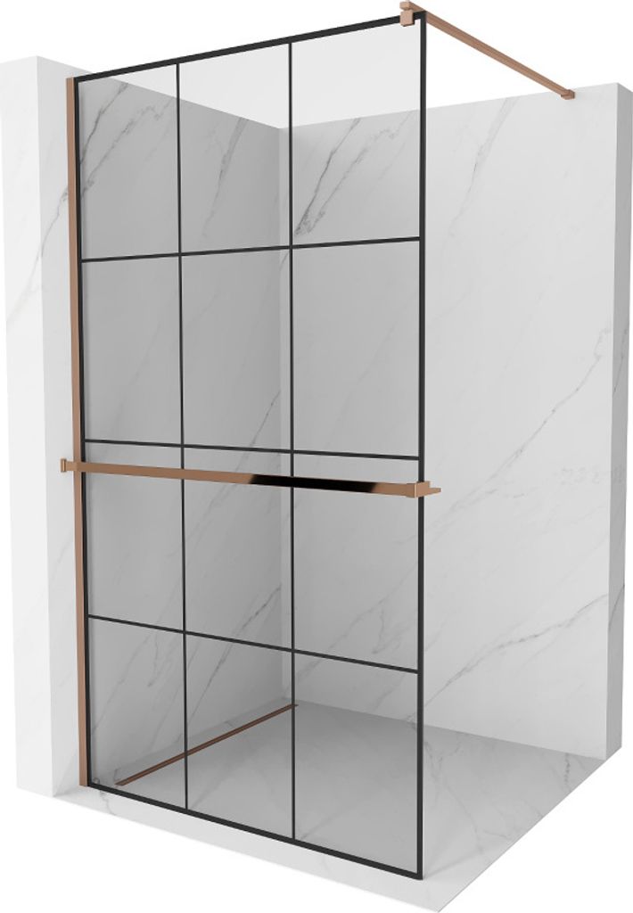 Mexen Kioto+ Duschwand mit Ablage und Reling 100 x 200 cm, Transparent/Schwarzes Design 8 mm Rosa Gold - 800-100-121-60-77
