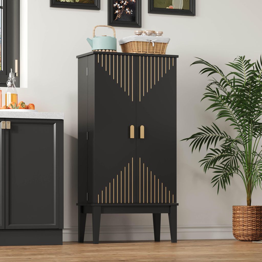 Flieks Sideboard, 2-Tür-Aufbewahrungsschrank mit Türablage, Küchenschrank 59x30x120cm, Schwarz