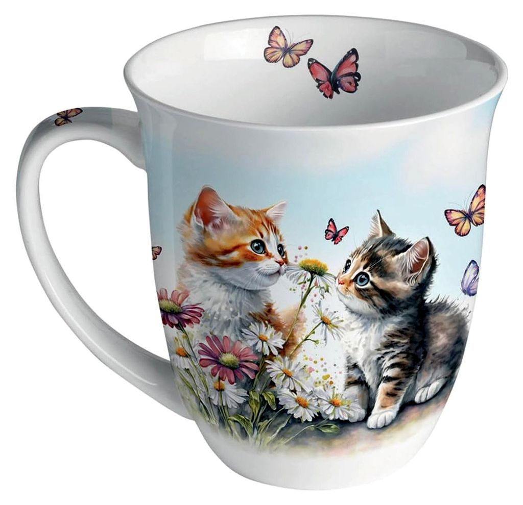 Teetasse Kaffeetasse Becher Mug 0,4l Katzen in Blumenwiese Tasse Fine Bone China Porzellan