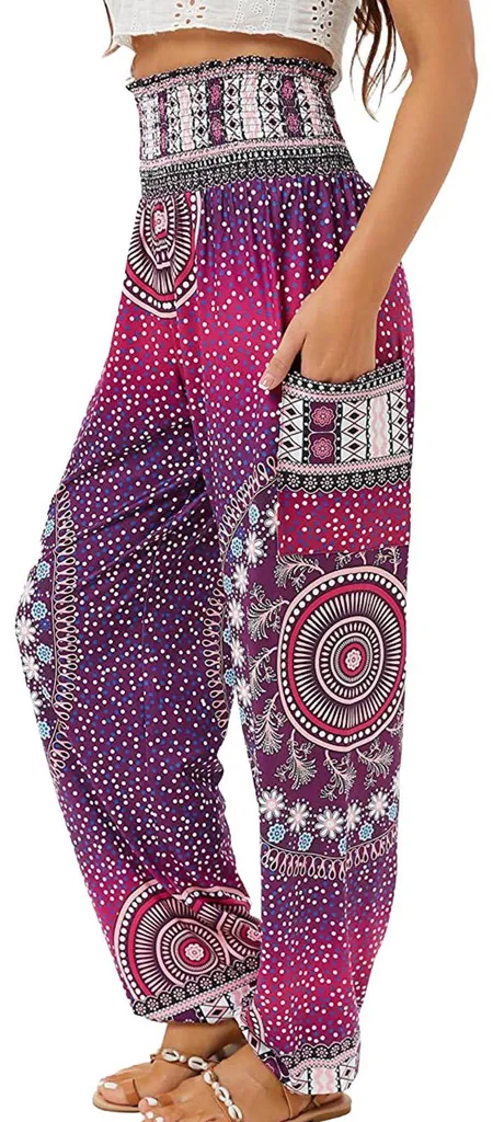 Pantalon taille haute froncée pour femme - Coupe ample à poches violet XXL