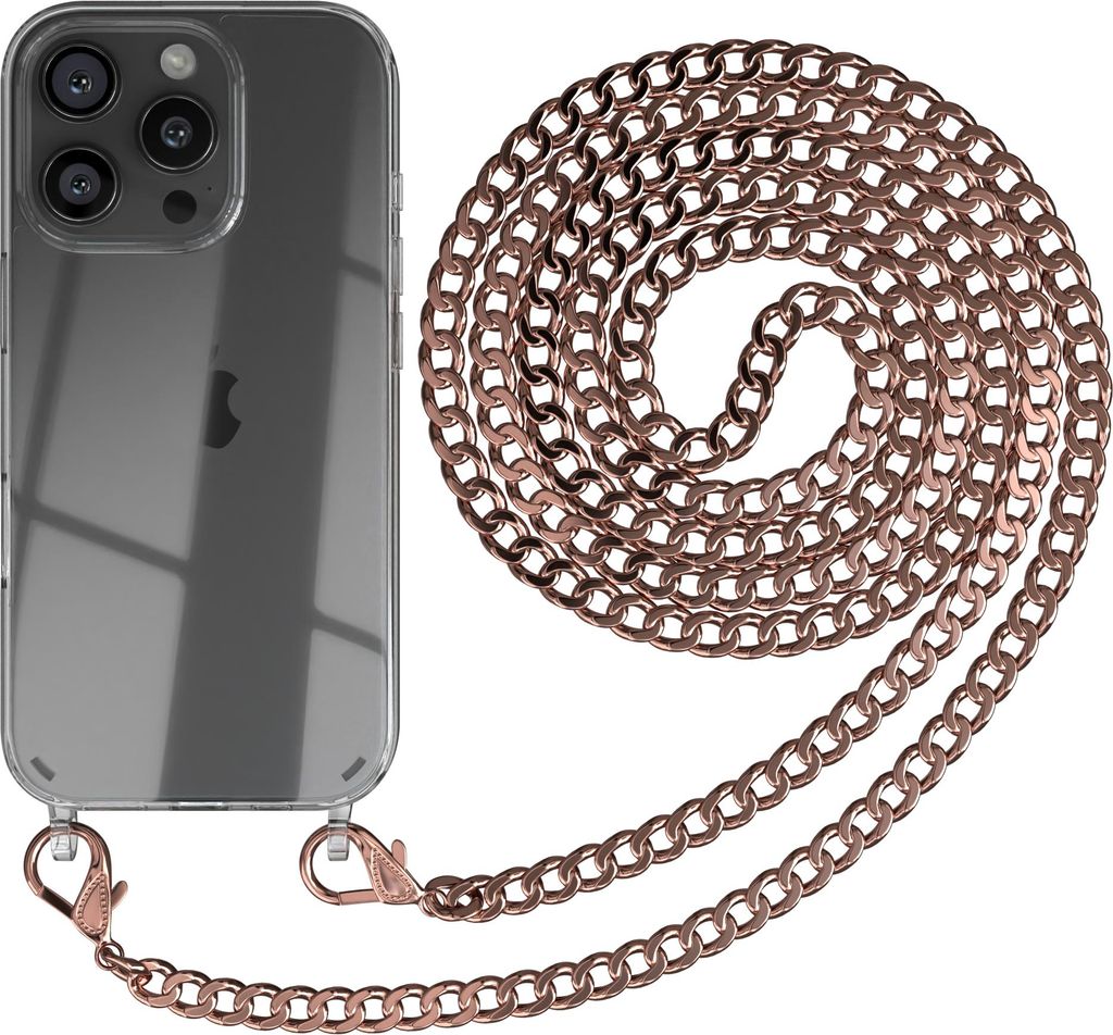 EAZY CASE Metall Handykette für Apple iPhone 16 Pro, Handyhülle mit Umhängeband, Silikonhülle, Metallkette für Smartphone in Rosa