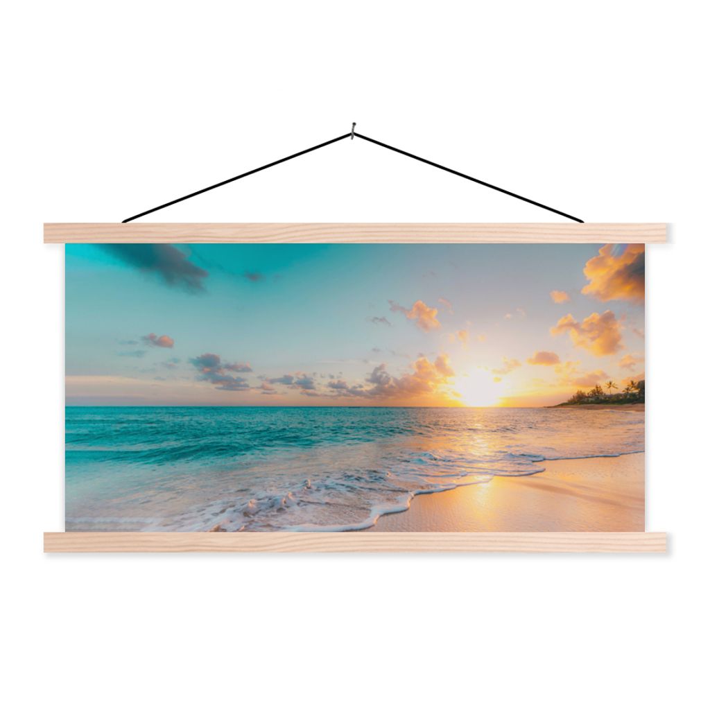 MuchoWow Textilposter Sonnenuntergang - Strand - Meer - Sommer - Blau 120x60 cm mit holzfarbenen Rahmen - Klemmleiste