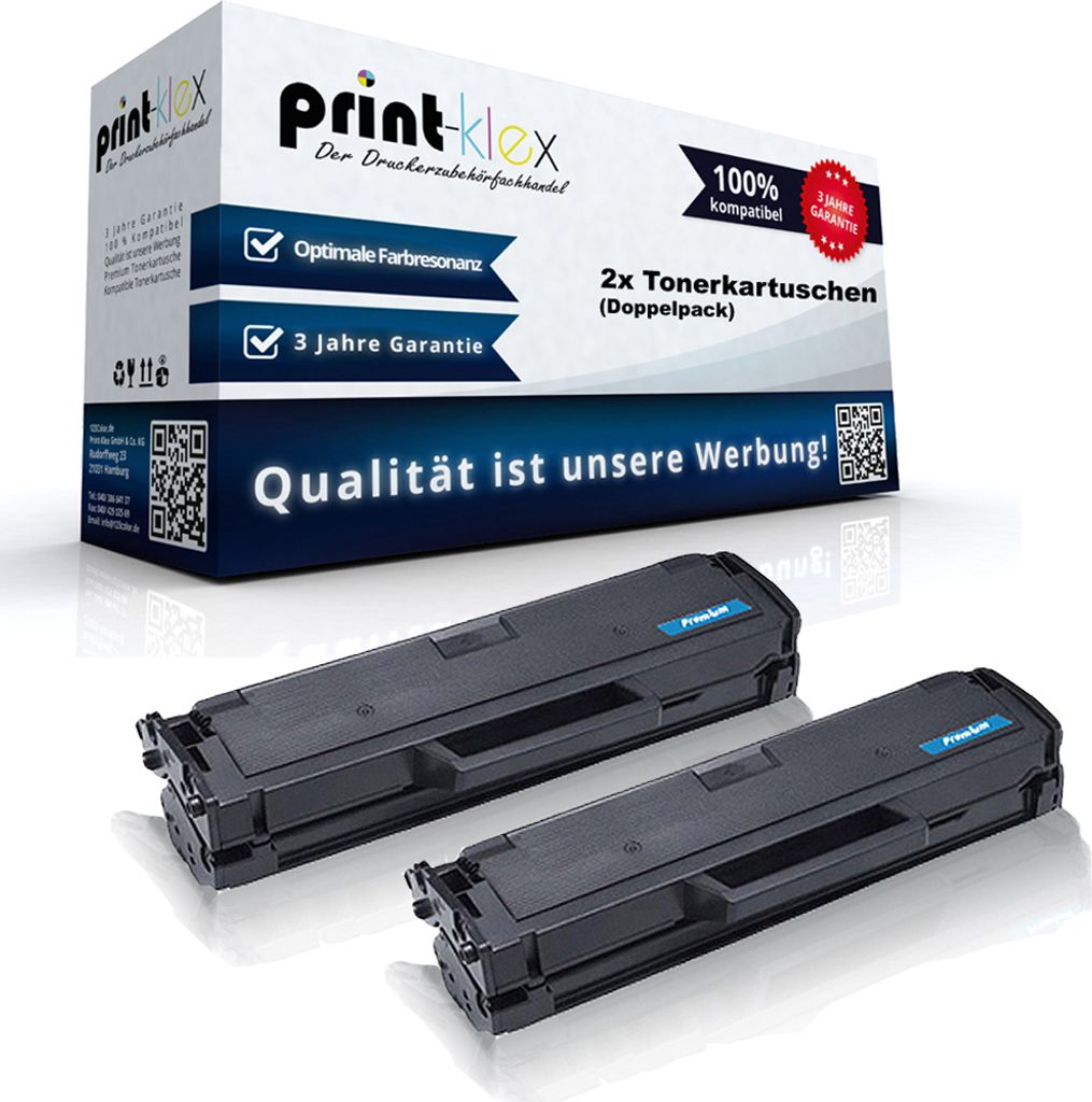 A product shot of two toner cartridges in front of their packaging.