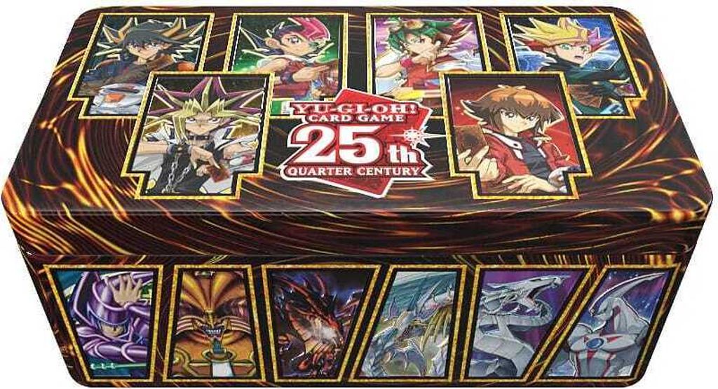 A Yu-Gi-Oh! 25th Anniversary tin featuring various characters and monsters from the card game.